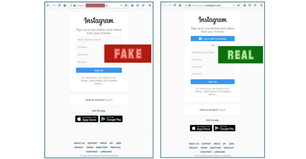Side by side comparison of fake and real Instagram login page