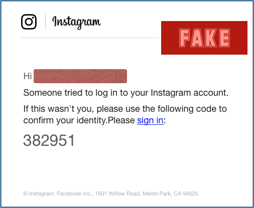 Fake instagram sign-in warning email used by phishing attacker
