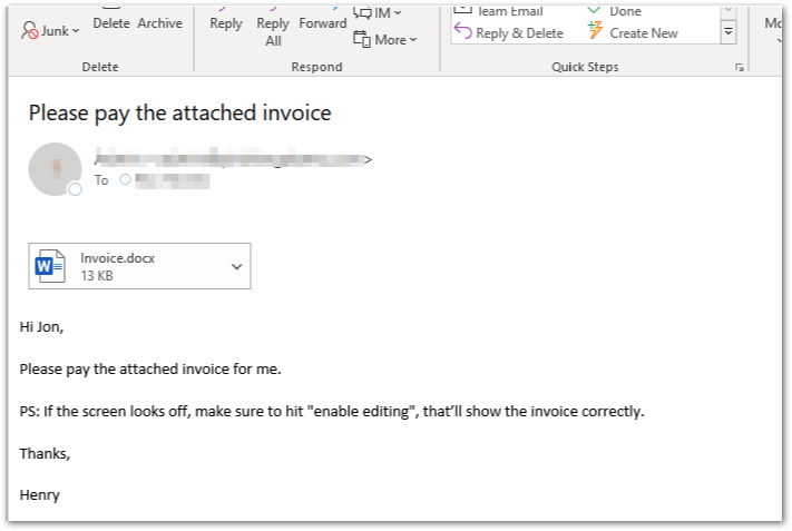 Spear phishing email with malicious attachment masquerading as a word document