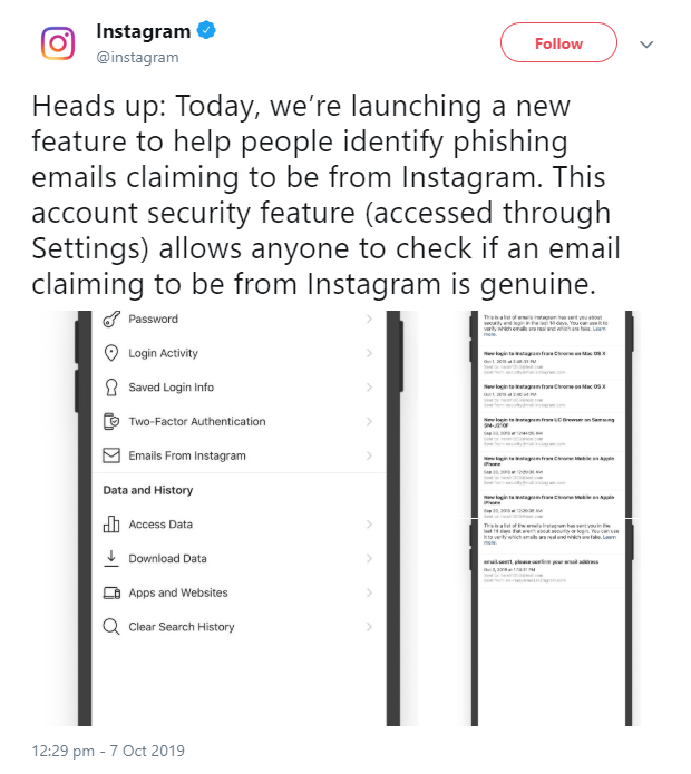 Instagram tweet showing new feature on two different phone screens