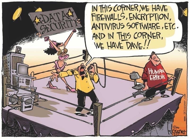A boxing match between a pile of computer security hardware and the personification of human error