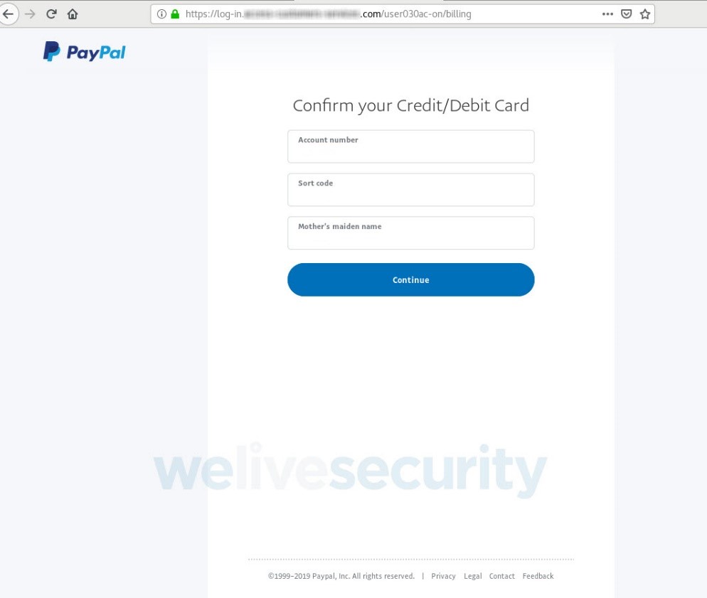 Fake PayPal page asking for the user's account number and sort code, along with mother's maiden name