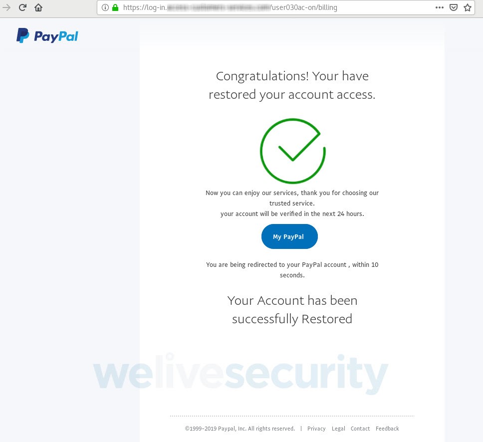Fake PayPal page telling the victim they have restored access to their account