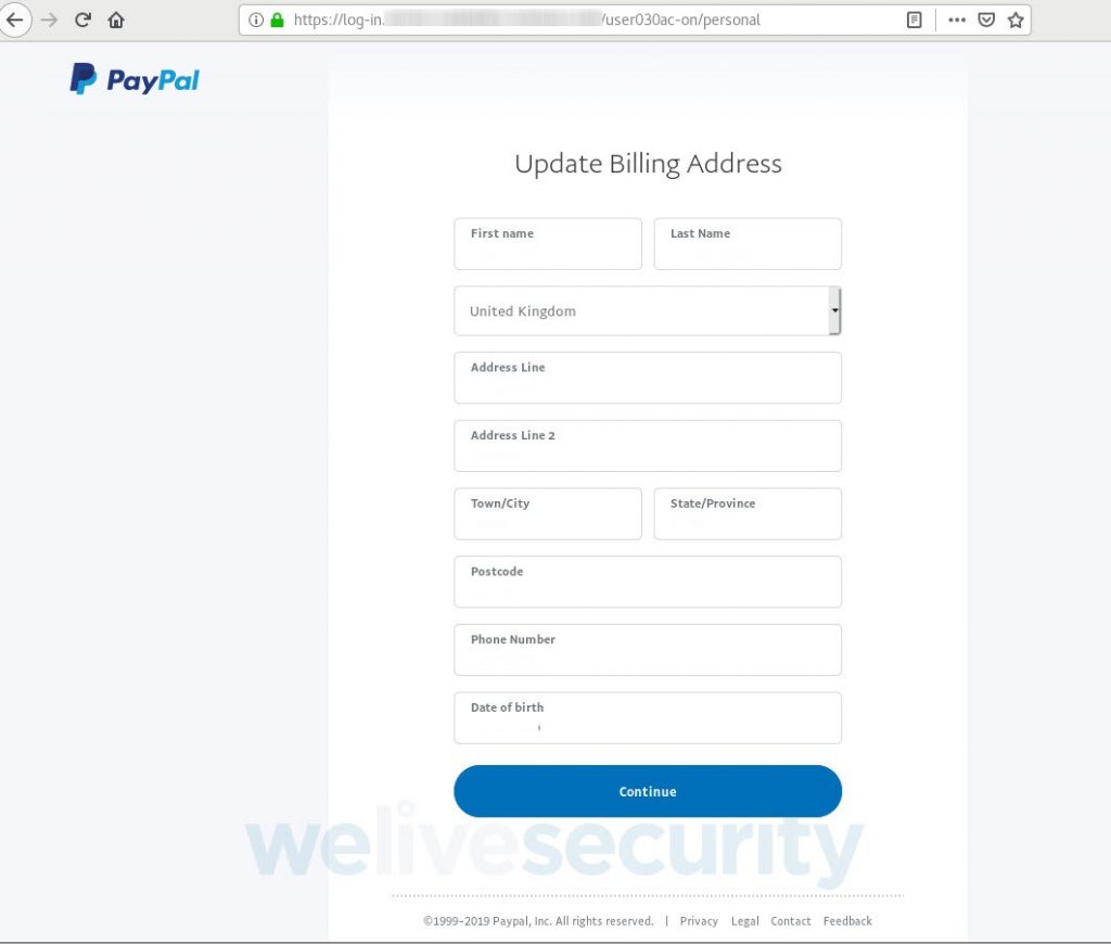 Fake PayPal page asking users to input their personal address, phone number and date of birth