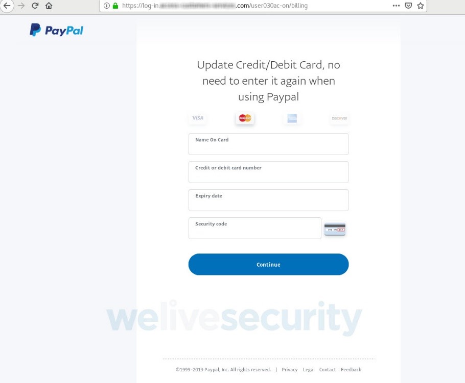 Fake PayPal page asking for the user's credit card information