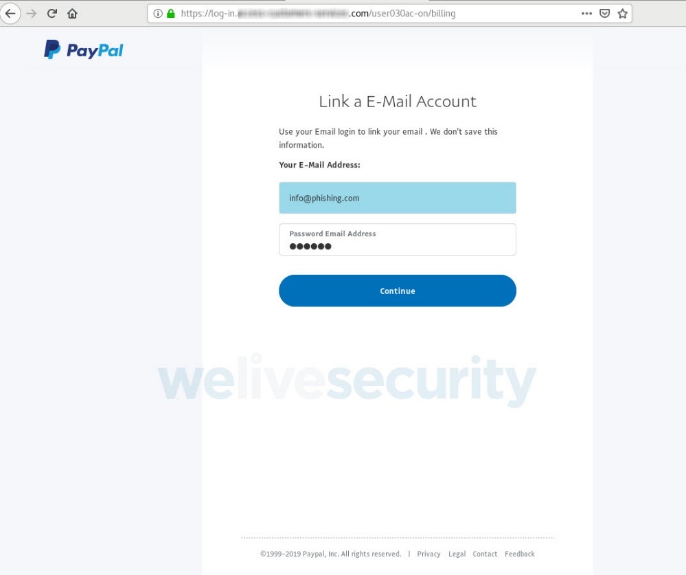Fake PayPal page asking for victim's separate email address and password