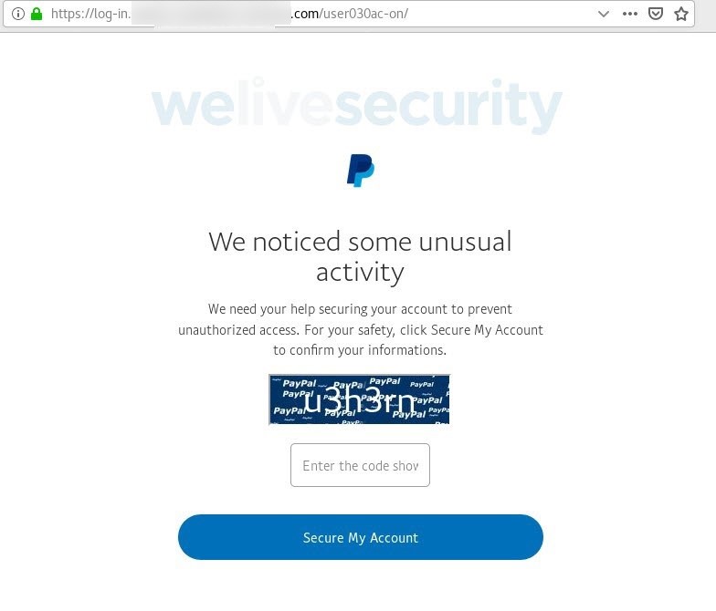 Fake landing page with PayPal logo and a CAPTCHA input asking users to Secure their account