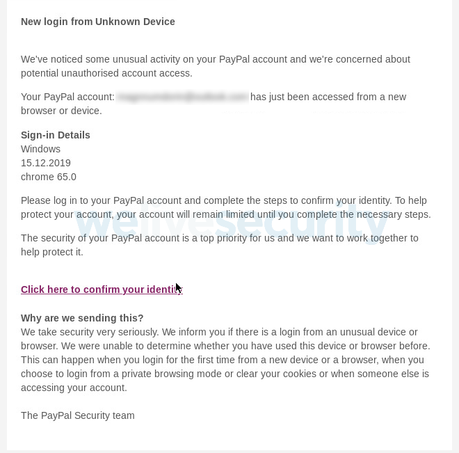 Phishing email claiming to be from PayPal, asking users to confirm their identity