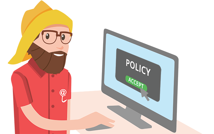 Phishing Tackle Mascot Clicking "Accept" on a policy