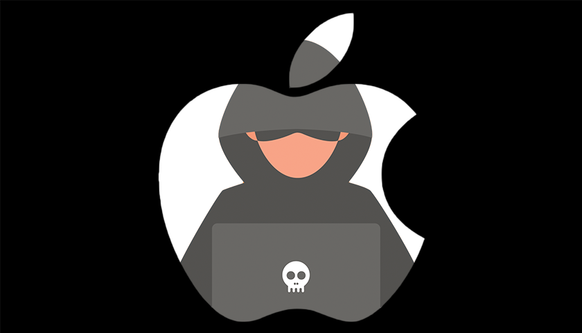 Apple logo with hacker inside on black background