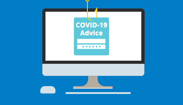 Screen with COVID-19 Advice and a phishing hook through it