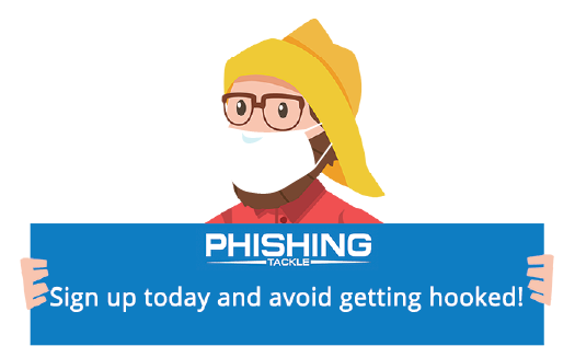 Phishing Tackle mascot wearing mask and holding free trial sign