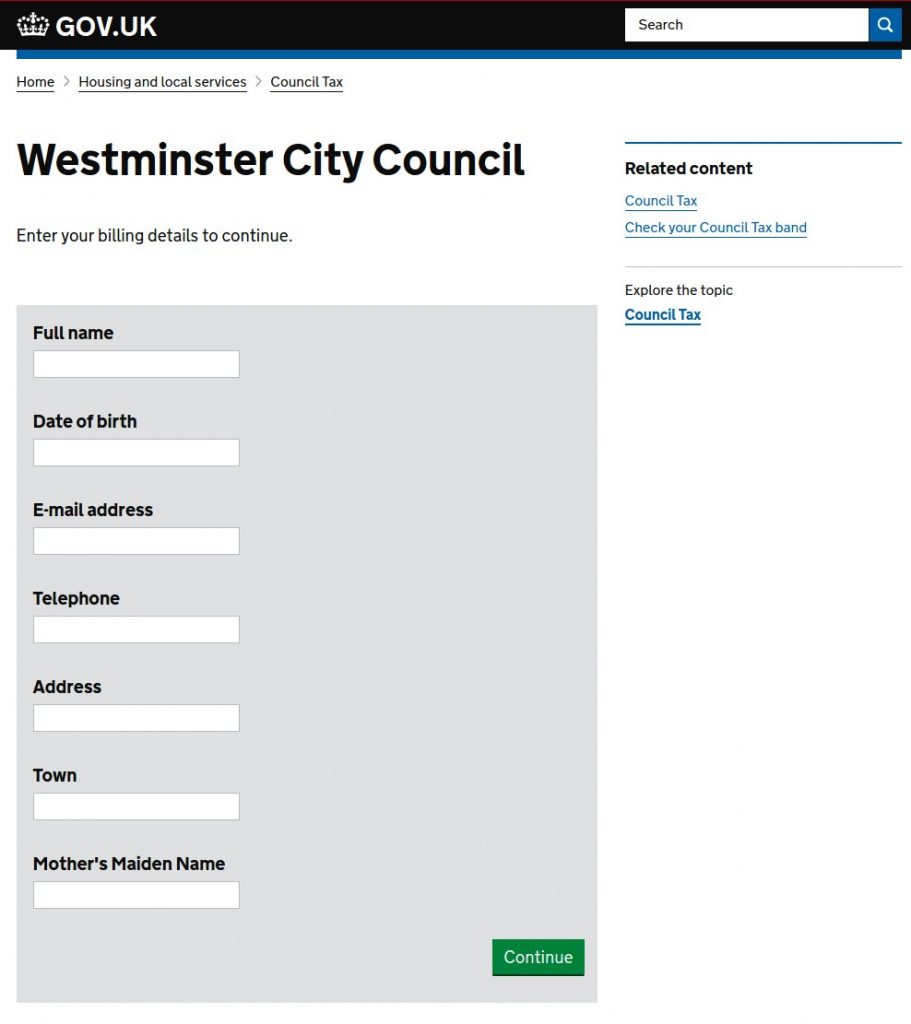 Phishing page appearing to be a Westminster city council billing page