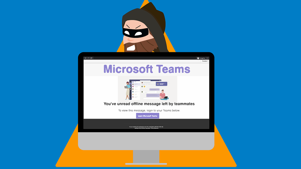 Hacker hiding behind computer screen with Microsoft Teams invite on screen