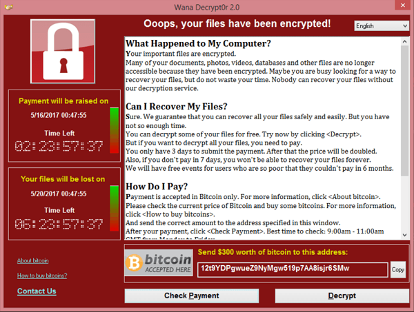 Ransom message used for the wannacry ransomware attacks of 2017