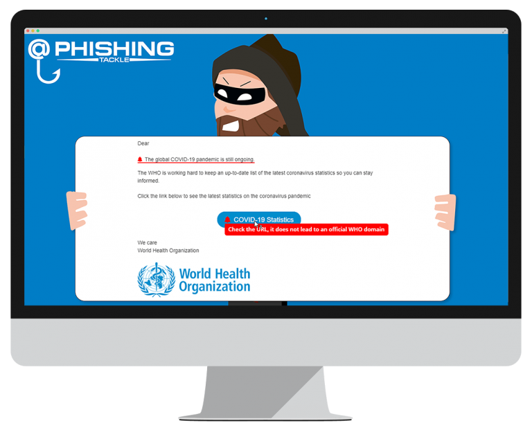 Computer monitor displaying a hacker holding an email with information on what to look for in phishing emails
