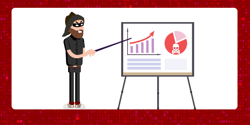 Hacker pointing at a graph demonstrating increasing ransomware statistics