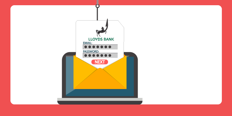 Lloyds branded email with phishing hook pulling it out of a laptop