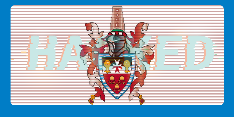 Hackney coat of arms with "HACKED" written across it