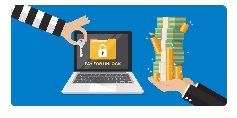Business person handing stacks of cash to criminal holding key to a laptop which says "Pay for unlock" onscreen