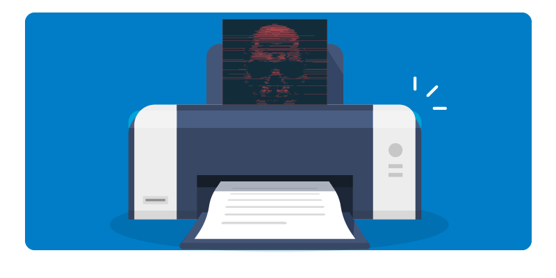 Printer with hacker skull going into it