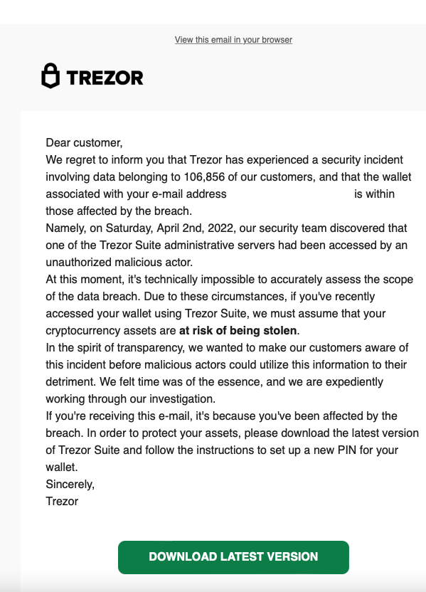 Mailchimp Hack resulted in Trezor Phishing Email