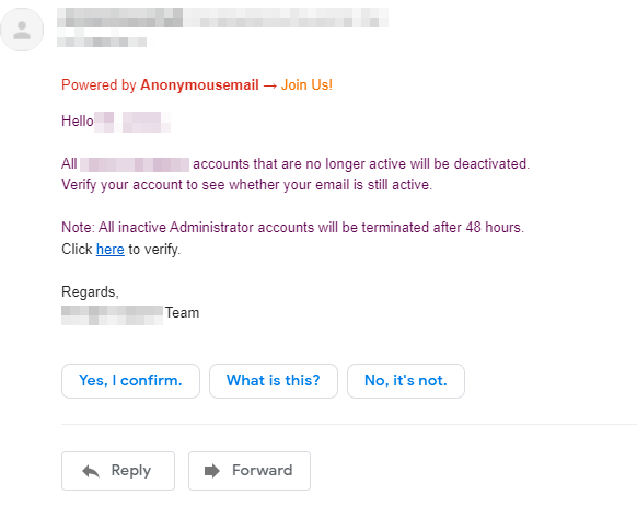 Phishing Email used during the Google account inactive scam