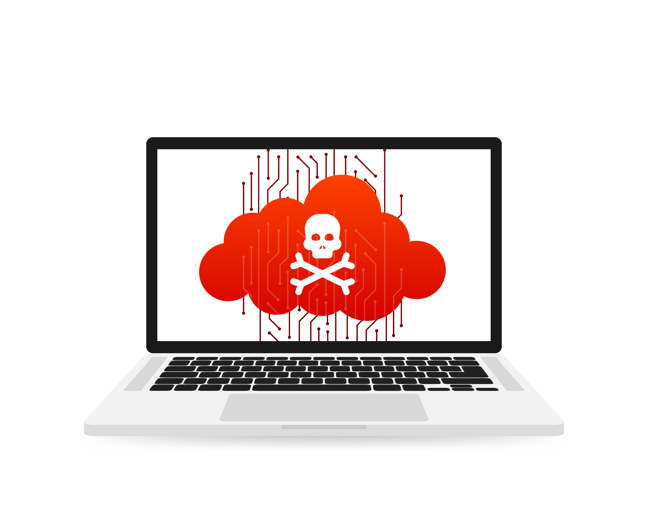 Laptop computer with red cloud and skull/crossbones