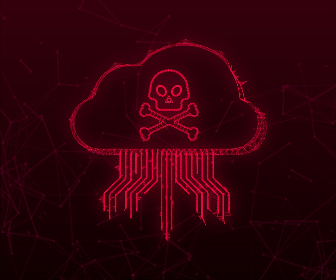 Red cloud with skull and crossbones leaching into a digital web below