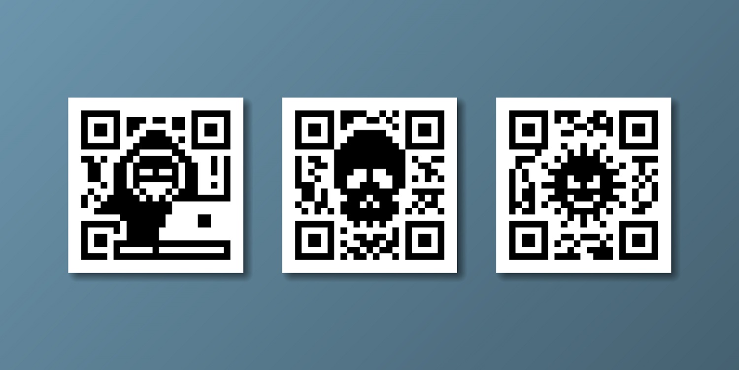 Three QR codes with threatening emojis in the centre