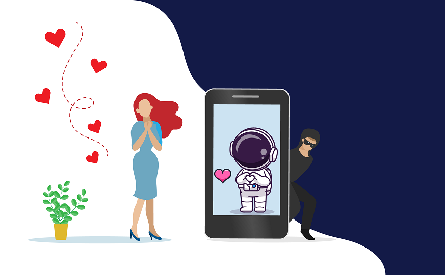 Woman swoons at mobile phone showing astronaut sending her a loveheart. Scammer/criminal hides behind phone