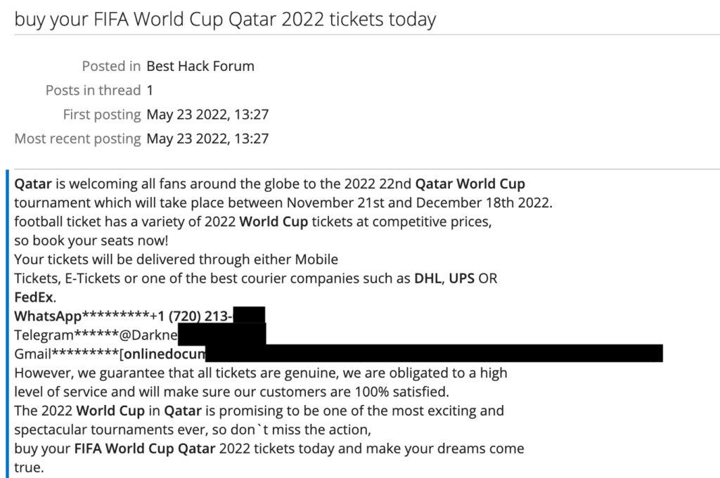 An offer for the 2022 FIFA World Cup tickets on a dark web
