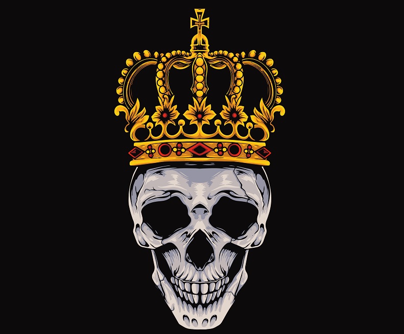 Grinning skull wearing a crown on black background