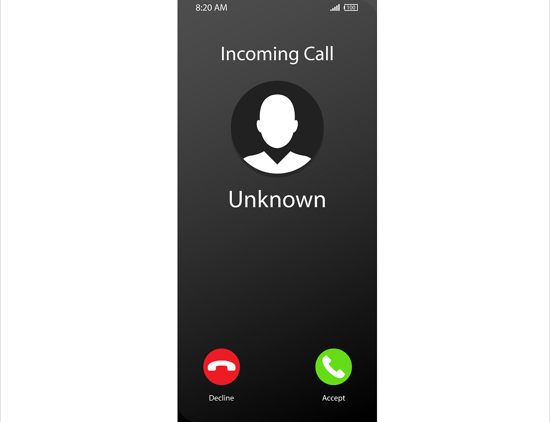 Smartphone displaying "unknown" incoming caller