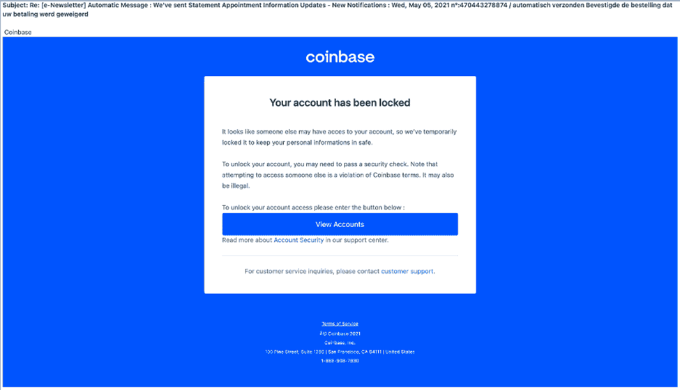 Phishing email claiming as Coinbase 