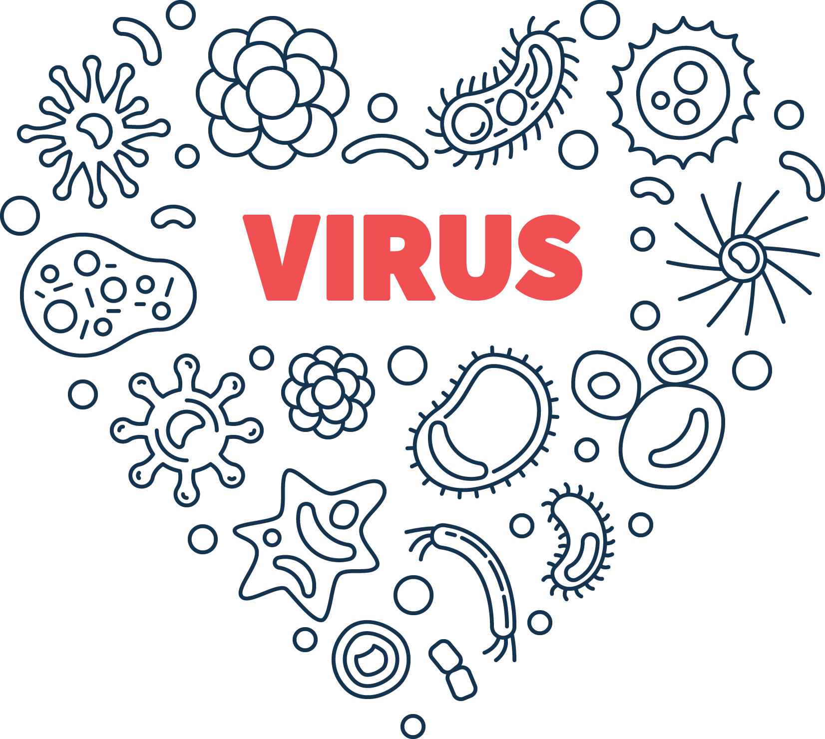 "Virus" written in bright red among many molecular viruses in the shape of love heart