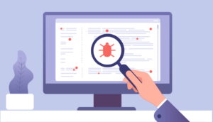 A detective wearing a suit is holding a magnifying glass to a computer screen, inspecting malware.