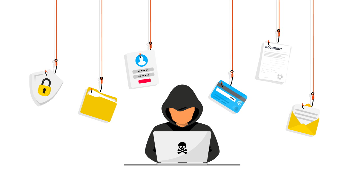 A cyber criminal in front of a laptop, stealing personal data, passwords, documents, and credit card information.