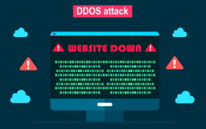 A computer screen displaying binary code with a warning message indicating a DDoS attack.