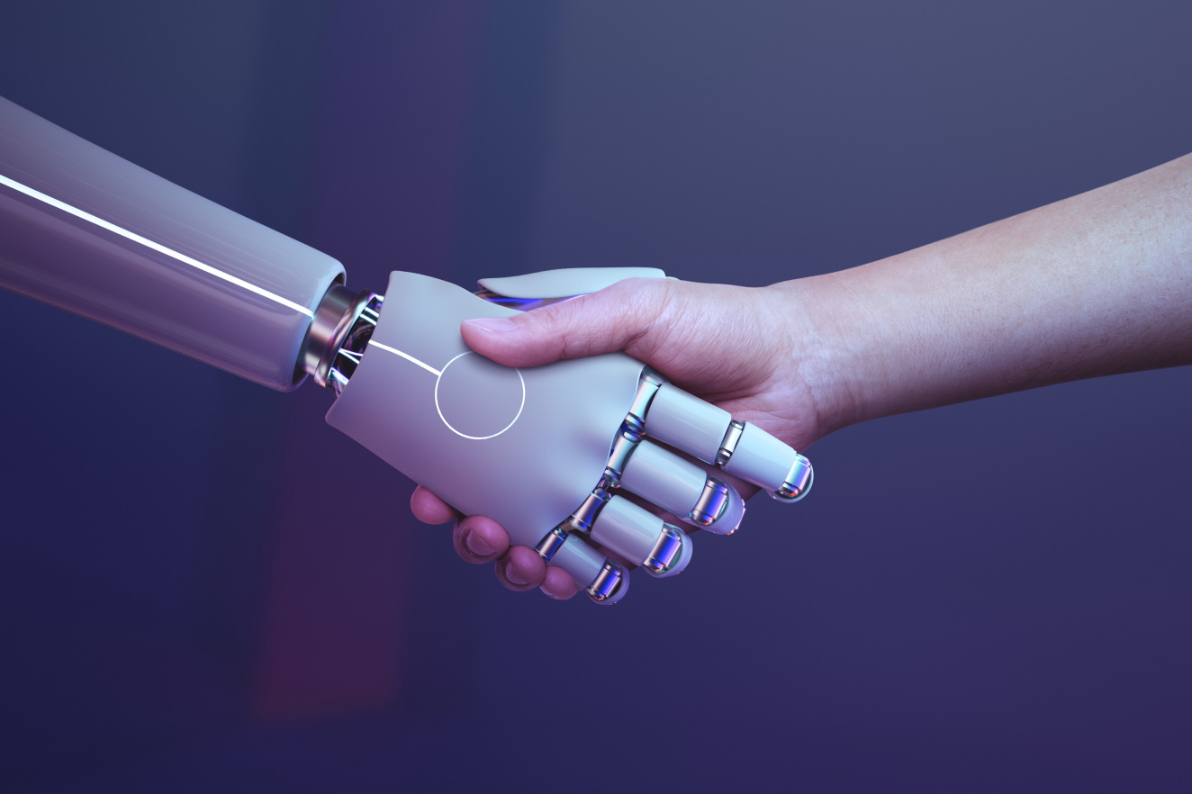 A futuristic robot shaking hands with human, symbolising cooperation.