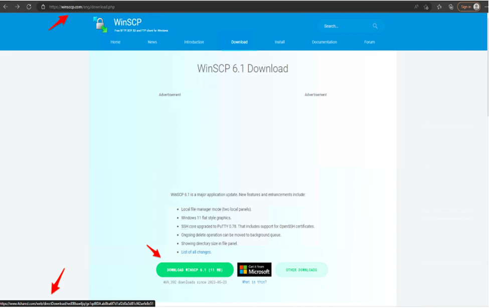 Malicious site for downloading modified WinSCP 