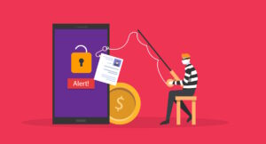 Image of a criminal sitting on a chair, holding a fishing rod connected to a mobile phone, symbolising SMS phishing.