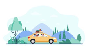 Happy family travelling in a yellow car.