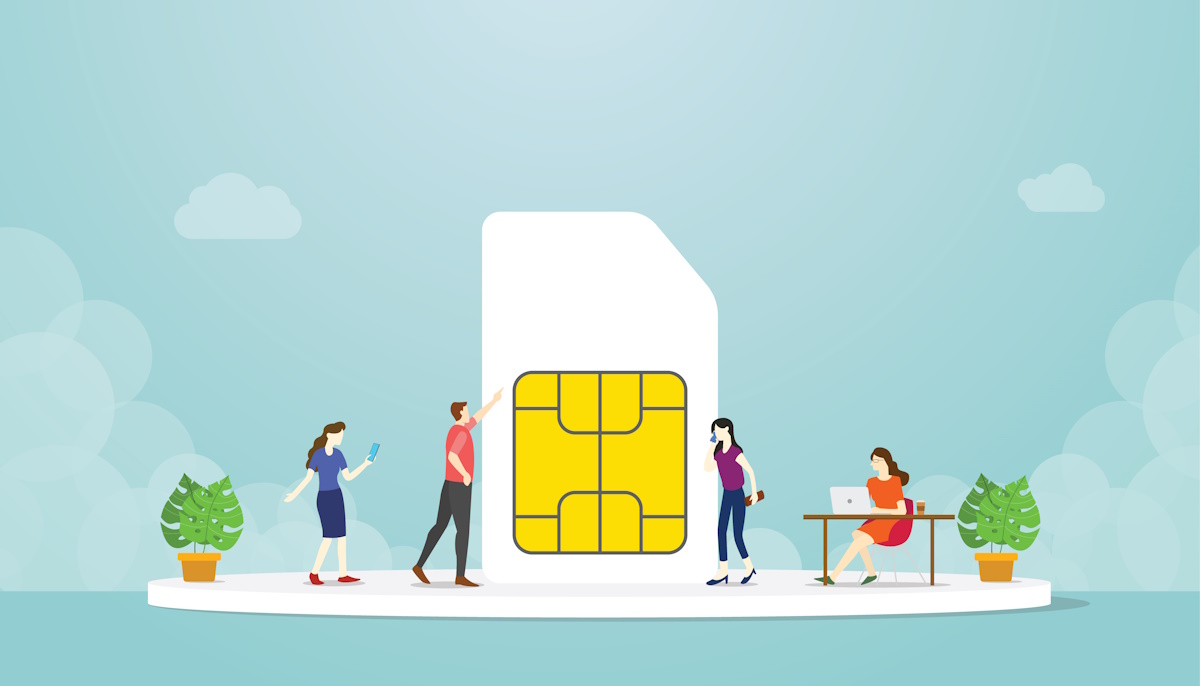 A large 5G SIM card with four people gathered around it.