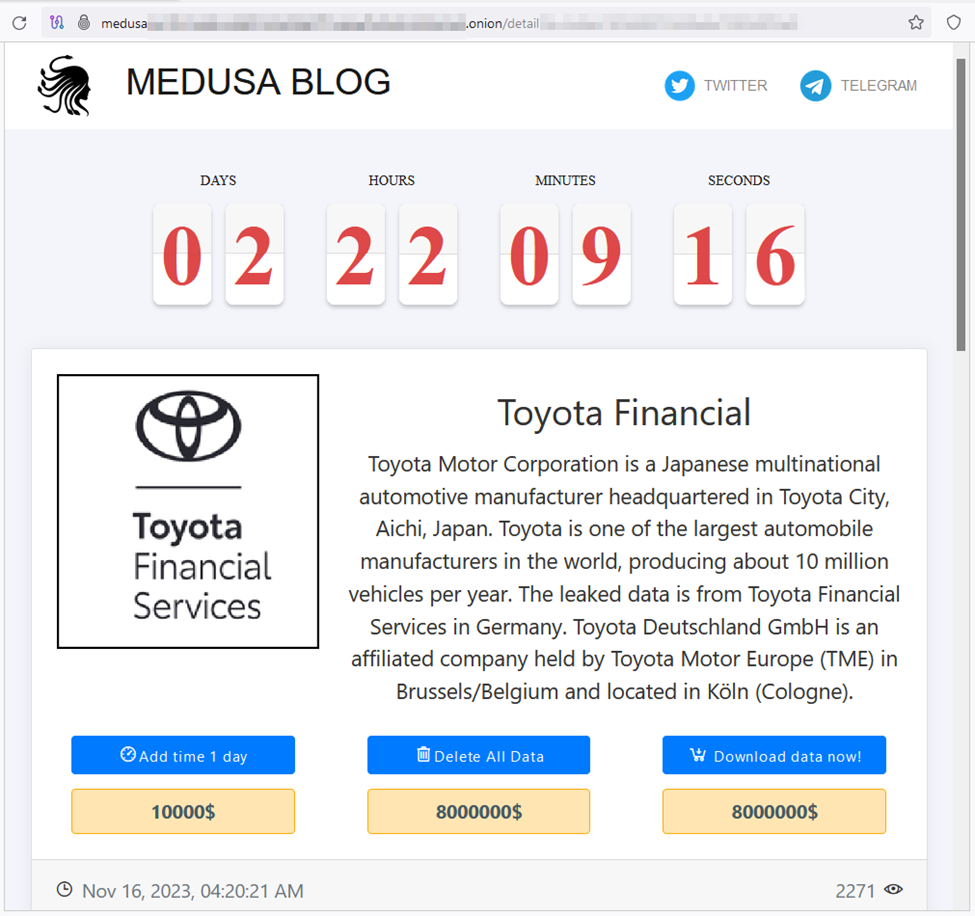 Medusa Tor Site Highlights Toyota Financial Services and $8M Demand 