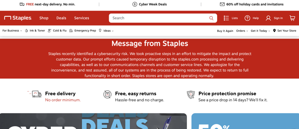 Staples home page displays an apology 