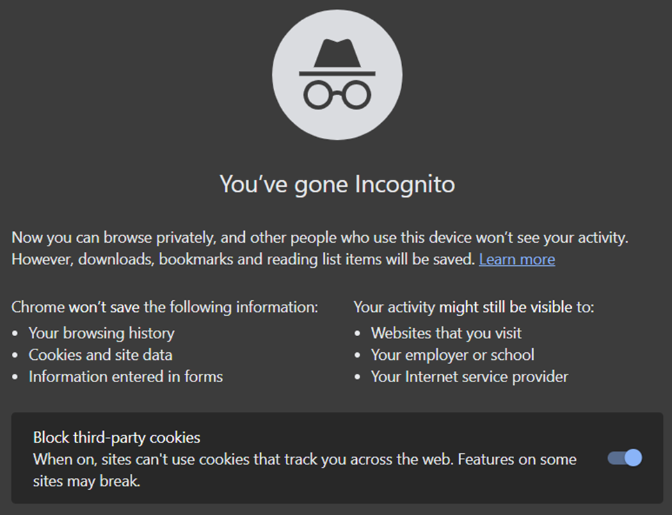Disclaimer regarding using the Google Chrome browser in Incognito mode