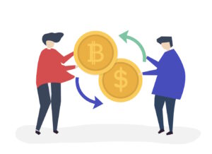 A man and woman engaged in a Bitcoin exchange.