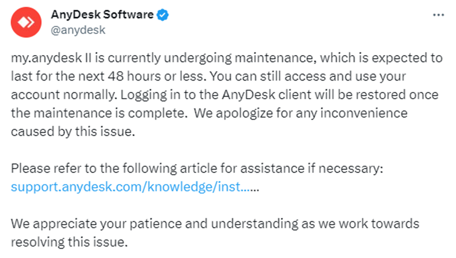 A maintenance alert from AnyDesk