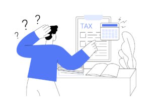 A man examining a tax form with a confused expression.